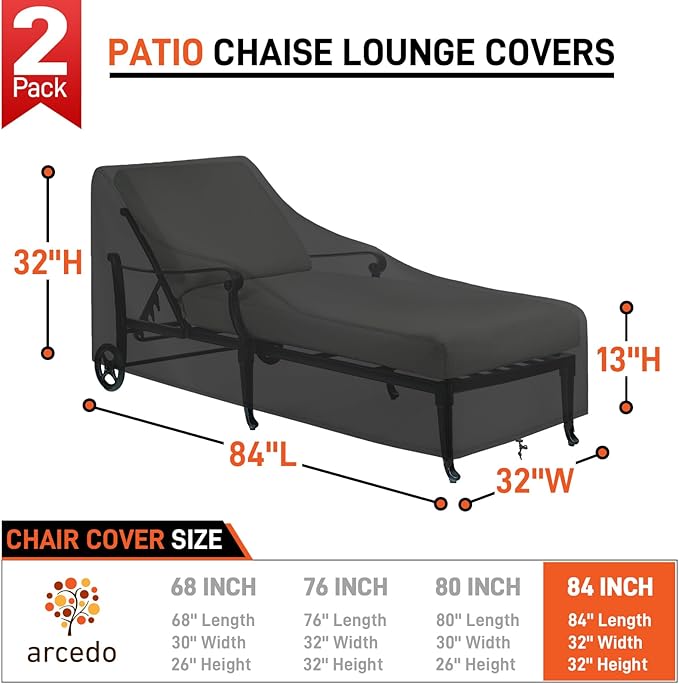 Arcedo Patio Lounge Chair Cover 2 Pack, Waterproof Outdoor Chaise Lounge Covers for Outdoor Furniture and Outside Stackable Cushions, 84" x 32" x 32" H, Black