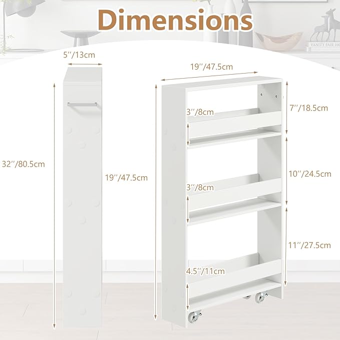 Slim Rolling Storage Cart, 4 Tier Narrow Kitchen Cart with Wheels, Between Washer and Dryer Cart, Wood Shelving Unit Organizer w/Handle for Small Spaces (White, 5-Inch)