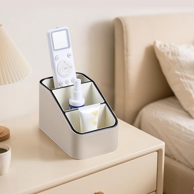 PU Leather Remote Control Holder, Small Desk Organizer Office Supply Bedside Caddy for Nightstand End Table Couch, Pen Remote Organizer with 3 Compartments (Beige)