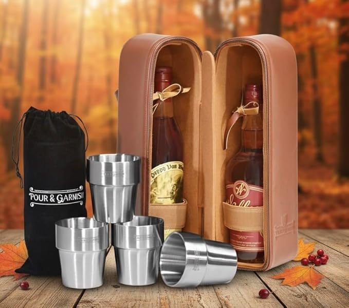 POUR & GARNISH Bourbon, Whiskey & Wine Double Bottle Travel Bag – Vegan Leather Spirits Carrier with 4 Stainless Steel Insulated Glasses & Gift Pouch – Luxury Barware Gift