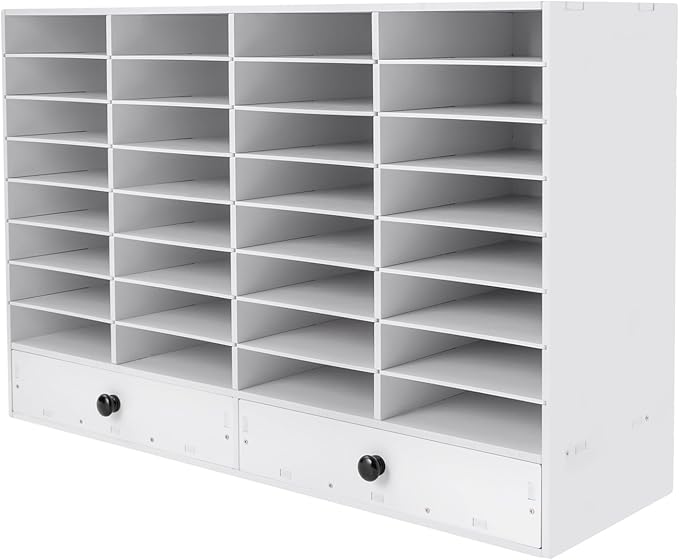 Literature Organizer 32 Slots Office Mailbox Cubbies PVC Desk Mail Sorter Organizer with Adjustable Panels & 2 Drawers for Office, Home, Classroom, Mailrooms, Bearing 110lbs (White)