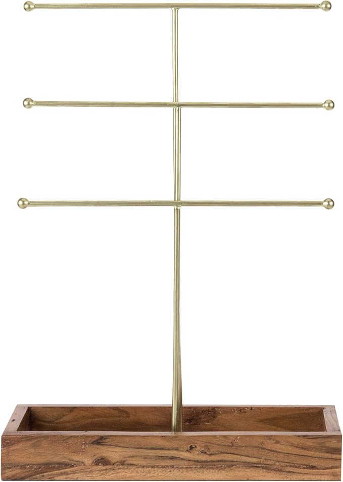 MyGift Handmade 3-Tier Brass Metal Jewelry Tree Organizer Stand and Ring Tray with Solid Acacia Wood Base, T Bar Necklace and Bracelet Display Rack, Handcrafted in India