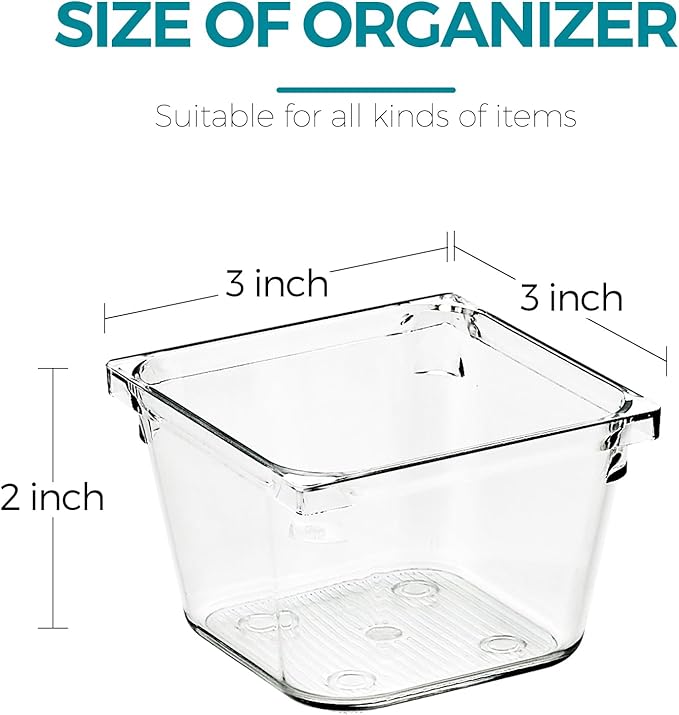 8 Pack Drawer Organizer - 3" X 3" Clear Acrylic Storage Bins with Non-Slip Pads, Versatile Desk Tray for Makeup, Jewelry, Kitchen, Bathroom, and Office Organization