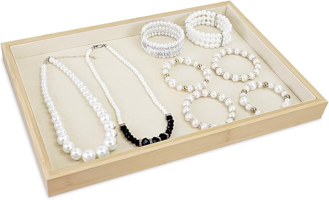 MOOCA 2 Pcs Bamboo Jewelry Display Tray, Presentation Tray, Organizer for Rings, Necklaces, Earrings, and Accessories, Beige Color, 14" W x 9.6" D x 1.2" H