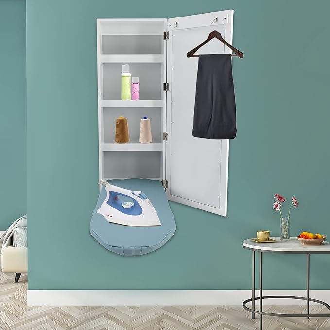 Wall Mounted Ironing Board Cabinet,Foldable Hanging Ironing Board with Mirror,Compact Mount Fold Down Iron Board for Small Spaces White