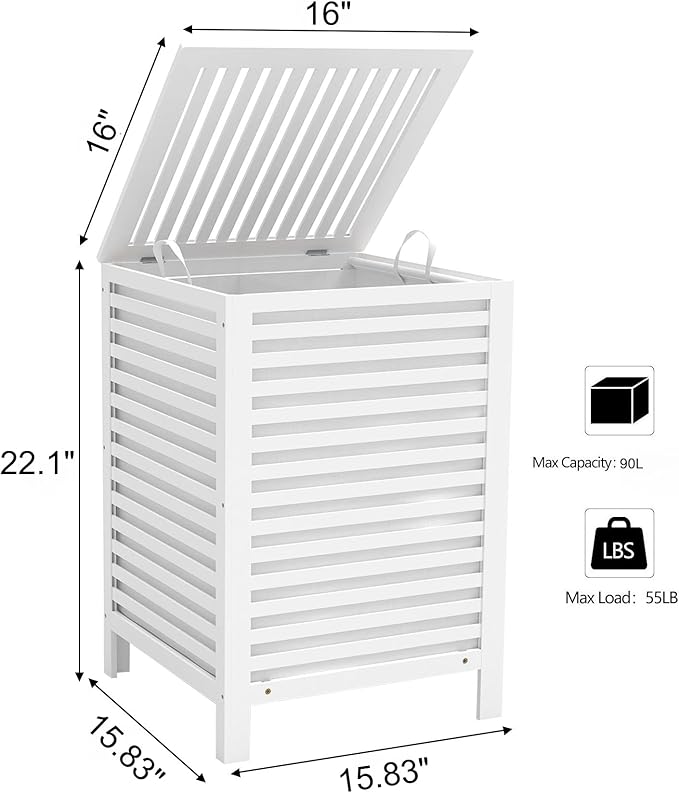 VASMIA Laundry Hamper with Lid, 90L Bamboo Large Laundry Basket with Removable Bag,Dirty Clothes Hamper for Bedroom Bathroom White