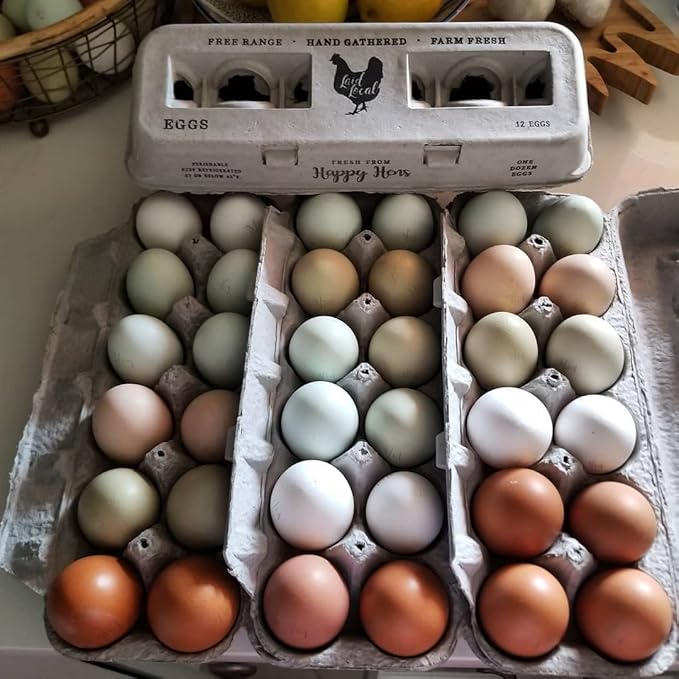 90 Egg Cartons- Adorable Printed Vintage Design for Farm Fresh Eggs, Recycled Paper Cardboard, Sturdy & Reusable, Carton Holds up to XL Chicken Eggs (90, Locally Laid Hen)