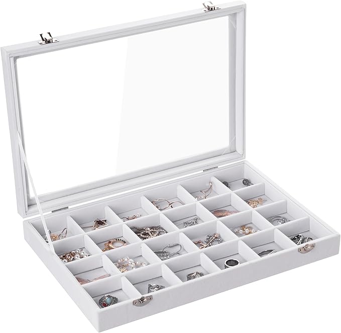 Frebeauty Velvet Jewelry Tray,24 Grid Jewelry Organizer with Clear Lid,Earring Holder Organizer with Clasp,Drawer Insert Rings Pendants Brooches,13.8 x 9.5 x 2 Inches,Gift for Women Girls(White)