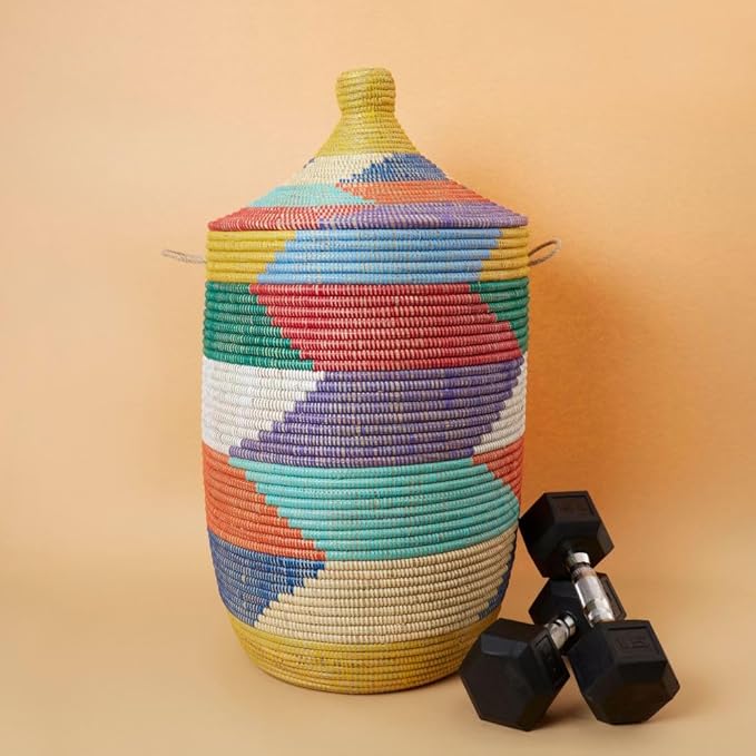 Large Decorative Colorful Wicker Basket, Home Storage and Organization, Laundry, Blankets, Toys, Clothes, Hamper, Bin, Sturdy, Round, Hand Woven, 23" Tall, 18" Wide