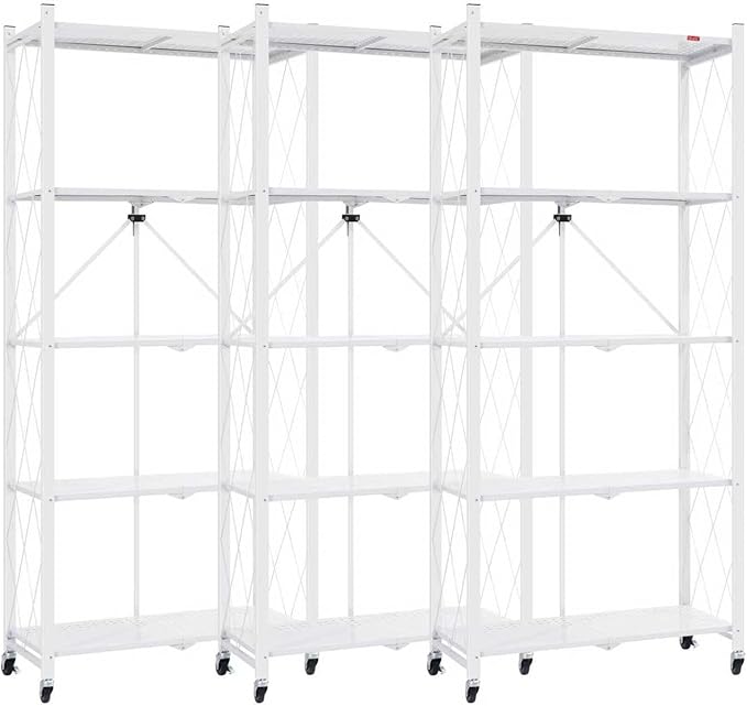 DEANIC 5 Tier Foldable Storage Shelves with Wheels, Large Capacity Shelving Unit, Freestanding Metal Wire Shelf Rack, No Assembly Organizer Rack for Garage Kitchen, Basement, Pantry(White Pack of 3)