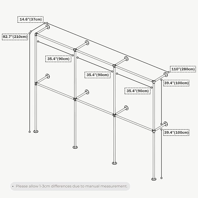 Industrial Pipe Clothing Rack, Heavy Duty Wall Mounted Clothes Rack,Retail Display Hanging Garment Rod for Laundry Rooms, Closet Storage, 14.6x110x82.7 Inches, Model K04
