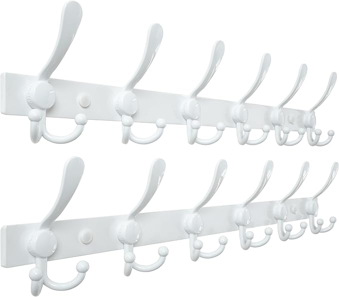 Dseap Coat Rack Wall Mount 2.0 Pro: 24” Long, 3X Tougher, Heavy Duty Stainless Steel Wall Coat Hanger with 6 Tri Hooks for Clothes Jackets Hats Entryway Closet, White, Pack of 2