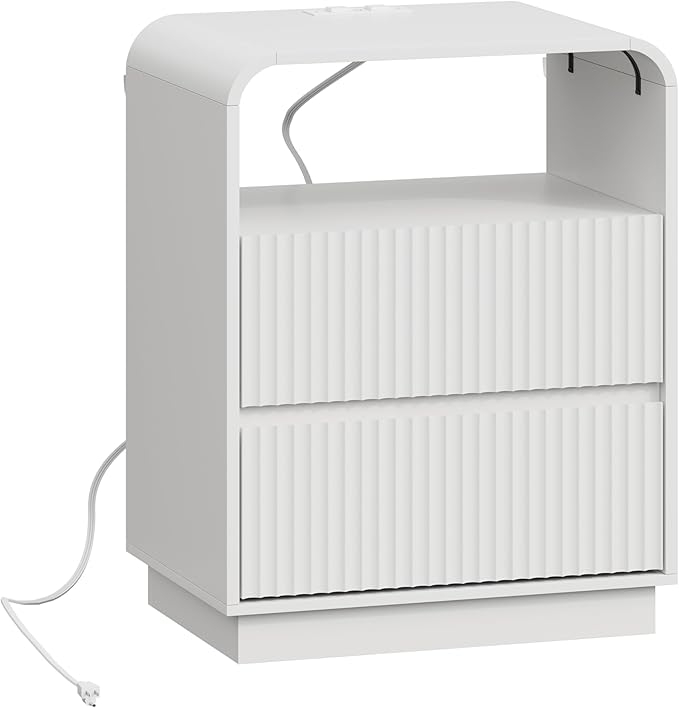 White Nightstand with Charging Station, Mid Century Modern Bedside Table & End Table, Fluted Wood Small Night Stand with 2 Hidden Drawers and Storage Shelf for Bedroom