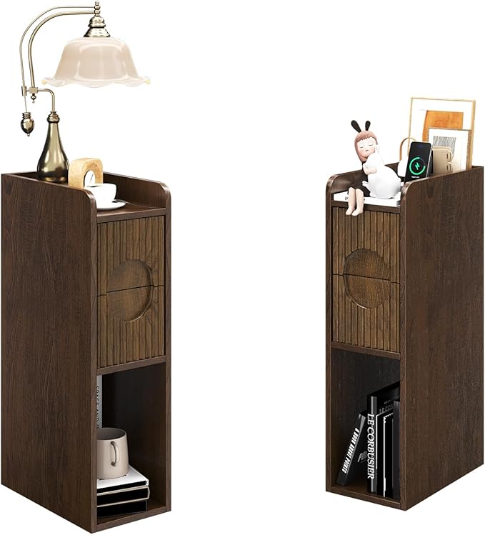 Slim Bedside Table Set of 2, Narrow Nightstand with Drawers, Fluted Wood Nightstand, Mid Century Modern End Table, Skinny Tall Nightstand, for Bedroom Walnut