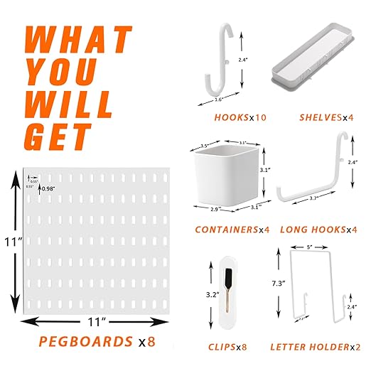 Pegboard Combination Kit, 8 Peg Boards and 30 Accessories Modular Hanging Black Pegboard for Walls, Office Wall Organizer, Keys Holder on Wall, Nursery Storage, 44"x22" Black