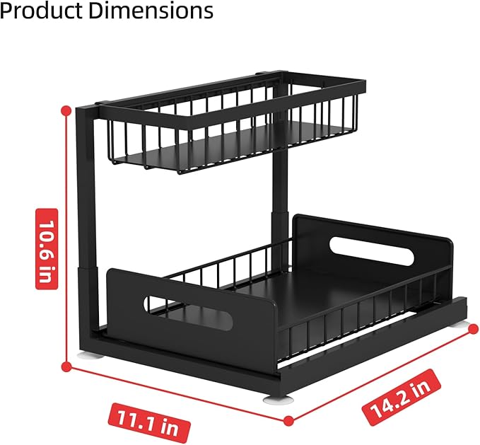 2-Tier Under Sink Slide Out Organizer, Pull Out Cabinet Storage Shelf with Sliding Wire Basket Drawer for Bathroom Kitchen, Countertop or Pantry Shelf, Black