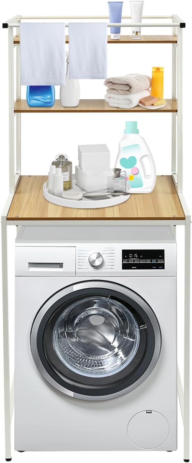 Over Washer and Dryer Shelves,Dryer Storage Shelf,3 Tiers Laundry Room Storage and Organizer Standing Shelf,Height Adjustable Laundry Room Shelves, Load-Bearing Capacity 22lbs (Log)