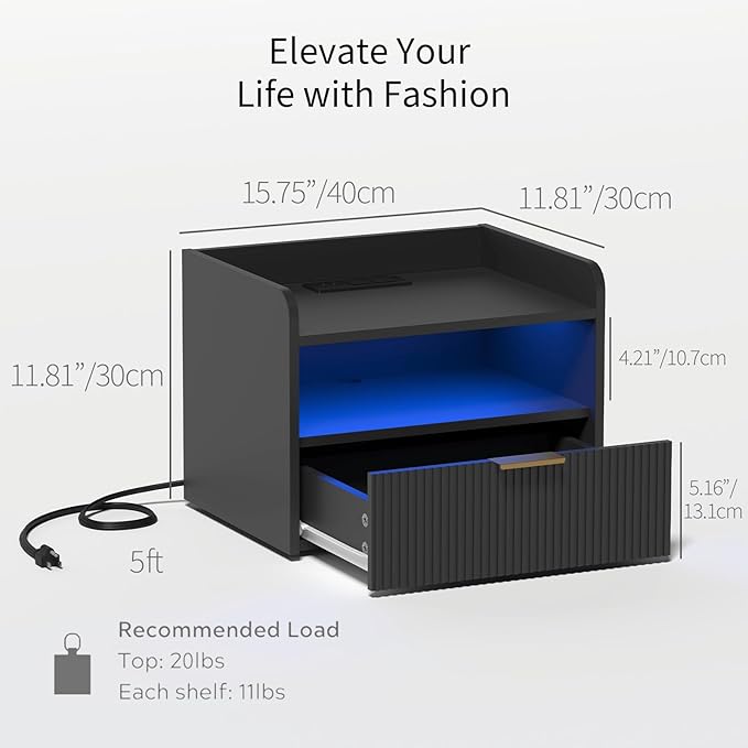 White Floating Nightstand with Charging Station and LED Lights (Black)