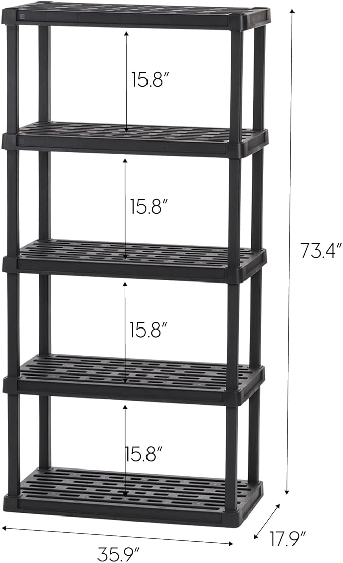 IRIS USA 5-Shelf Heavy Duty Plastic Storage Shelves, 750lb Capacity, 73" H x 36" W x 18" D, Large Modular Shelving Unit Storage Organizer for Garage, Home, Warehouse & Gym, Storage Rack - Black
