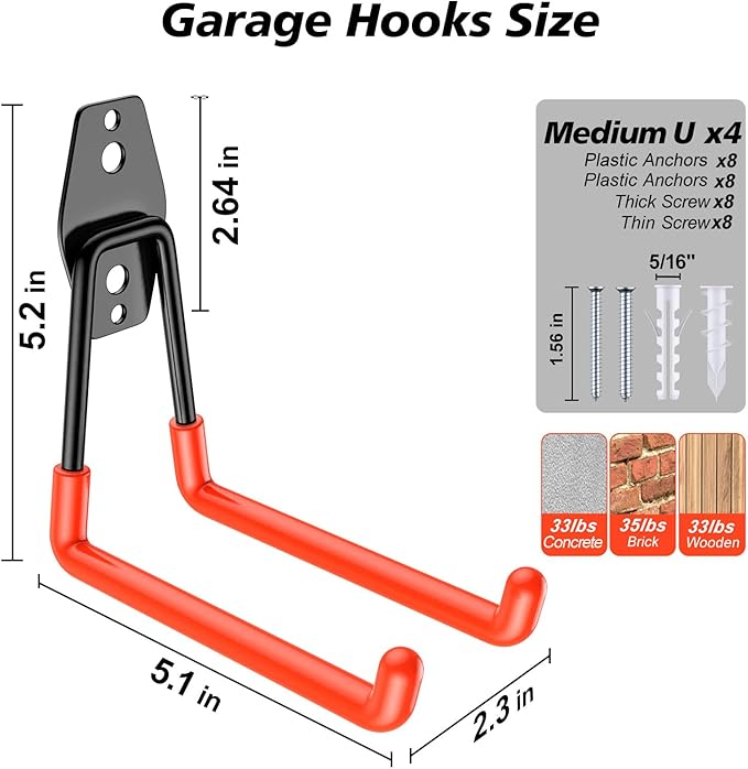 4 Pack Heavy Duty Garage Hooks,Solid Steel Wall Mount Hangers,with Anti-Slip Coating,for Hanging and Organising Ladder,Bike,Ropes,Broom,Garden,Yard and Power Tools(5.2x5.1 inch)