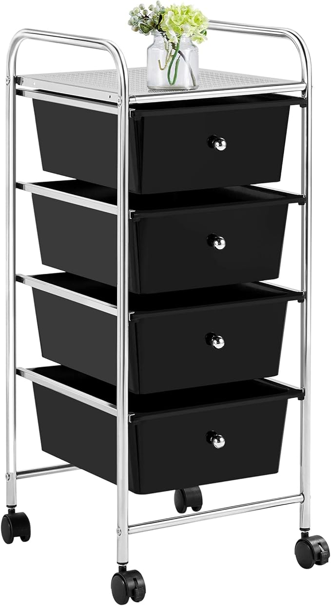 Yaheetech 4 Drawers Cart Rolling Storage Organizer Metal Frame Plastic Drawers Trolley Organizer on Wheels, Black