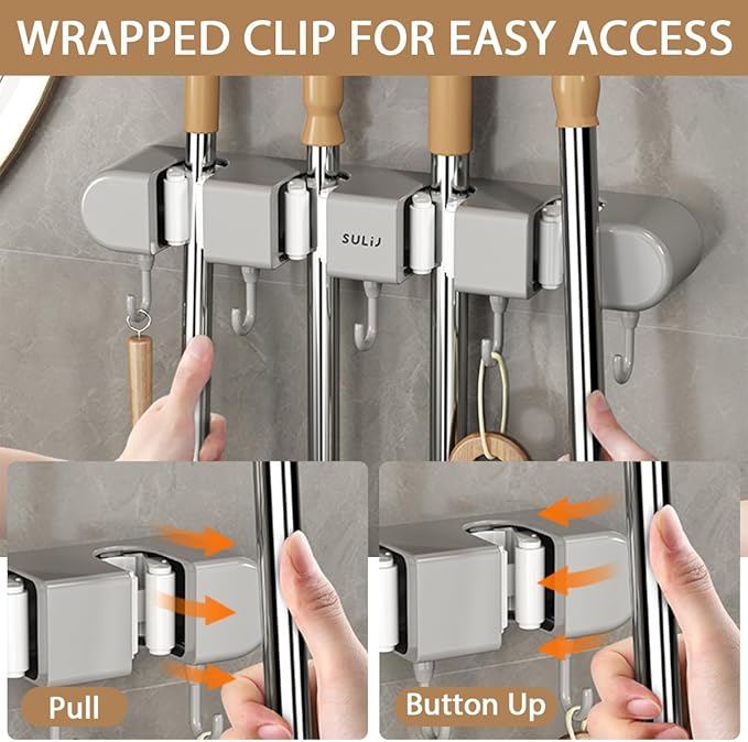 3PCS Broom Holder Wall Mount, No-Drilling Self-Adhesive Mop and Broom Storage Rack (4 Racks with 5 Hooks),Wall-Mounted Broom Hanger for Bathroom, Kitchen, Closet, Garage, Grey
