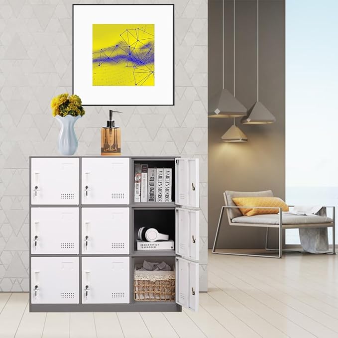 Metal Locker 9 Door Storage Cabinet, Steel Storage Lockers for Employees, Lockable Metal Cabinet with Lock and Ventilation, Office School Gym Storage Organizer