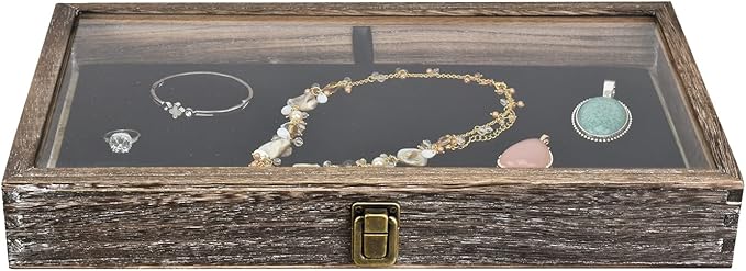 MOOCA Wooden Jewelry Display Case Tempered Glass Top Lid, Gemstone Display Case with Metal Clasp and Removable Black Luxurious MDF Velvet Jewelry Pad, Coffee Color
