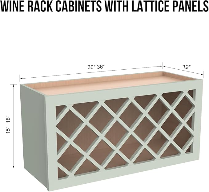 Solid Wood RTA Wine Bottle Rack Wall Cabinet with Lattice Panels Wine Holder Wine Storage Cabinet for Bar, Pantry, Wine Cellar Basement Countertop Mocha (Gray, 36”W × 12”D × 18”H), Sk-grey