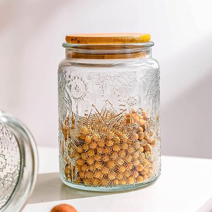 ANSQU Set of 2 Vintage Glass Storage Jars, Glass Food Storage Containers(25.3oz/23.7oz), Candy Jars with Lids for Kitchen Coffee, Tea, Cookie, Sugar, Bath Salts, Cute Jar