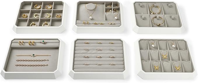 Premium PU Leather Stackable Jewelry Tray 15 Grid Jewelry Organizer Tray with Removable Inserts Cards Necklace Display Organizer Holder(Grey)