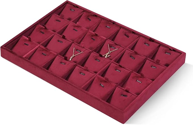Velvet Necklace Display Tray, Stackable 24 Grid Insert Pendant Necklaces Storage Holder Plate, Jewelry Retail Countertop Organizer (Red)