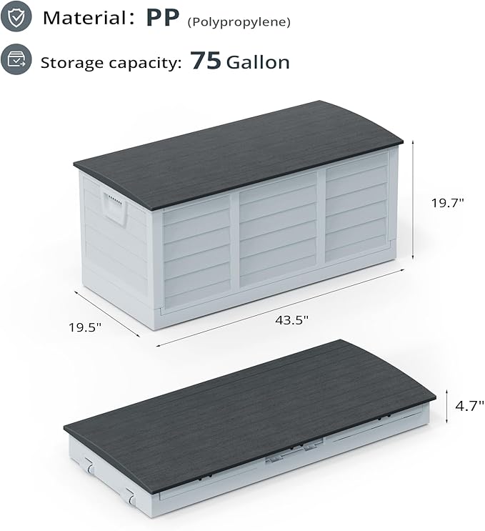 Foldable 75 Gallon Outdoor Storage Box, Plastic Storage Containers with Lid, Patio Deck Box Furniture for Garden, Pool, Balcony, Yard (Black Lid)