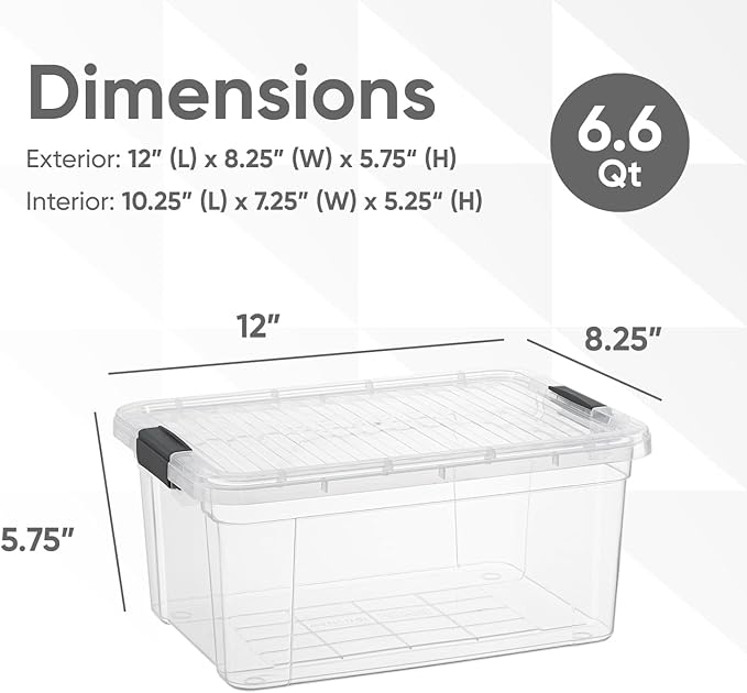 Superio Storage Bins with Lids- 6 Pack, 6.6 Qt Clear Boxes for Organizing, Stackable Plastic Containers- BPA Free, Non-Toxic, Odor Free, Organizer for Home, Office, Dorm