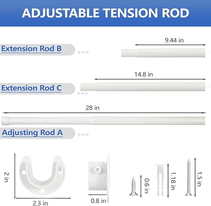 Closet Rod, 17 to 53 Inch Closet Rods for Hanging Clothes, Heavy Duty Adjustable Closet Hanging Rod Bar White Closet Poles for Wardrobes, Closet, Bathroom, Windows,1.3 Inch Diameter