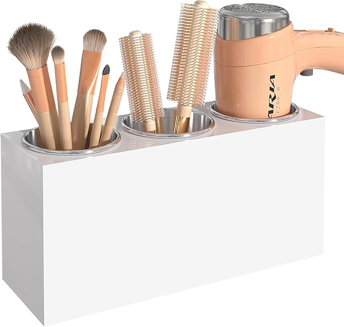Hair Tool Organizer, Wall Mount Hair Dryer Holder with 3 Cups, Vanity Acrylic Hair Styling Tools Organizer for Curling Iron Straightener Styling Tools Bathroom Storage (3 Cups White)