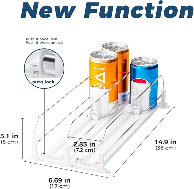 Puricon Drink Organizer for Fridge Pusher Glide, Spring Loaded Fridge Drink Dispenser, Self Pushing Soda Can Organizer for Refrigerator, Beer Bottle Beverage Organizer Drink Holder -2 Rows, White