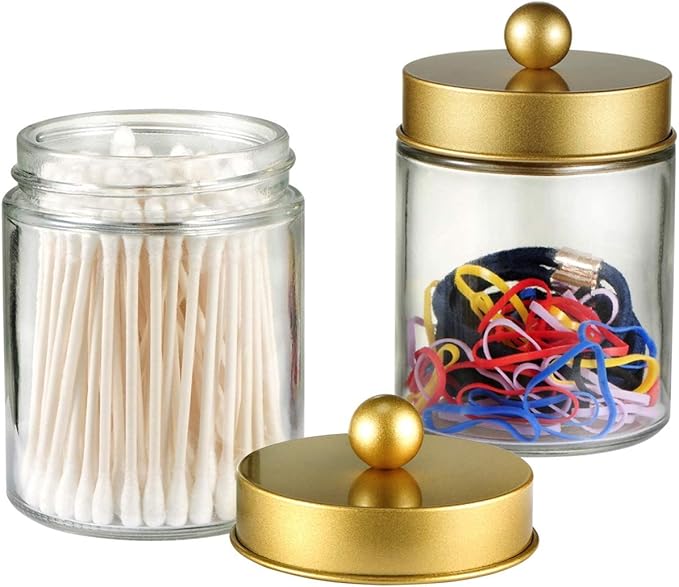Amolliar 6Pc Apothecary Jars Bathroom Vanity Organizer- Rustic Farmhouse Decor Storage Canister with Stainless Steel Lids- Qtip Dispenser Holder for Q-Tips,Cotton Swabs,Rounds,Ball,Flossers (Gold)