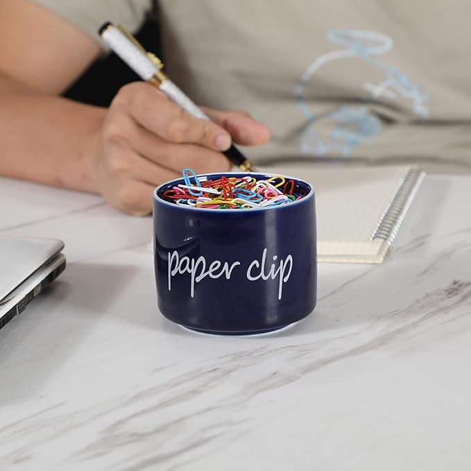 ONTUBE Porcelain Paper Clip Holders,Ceramic Paper Clip Organizer (Navy)