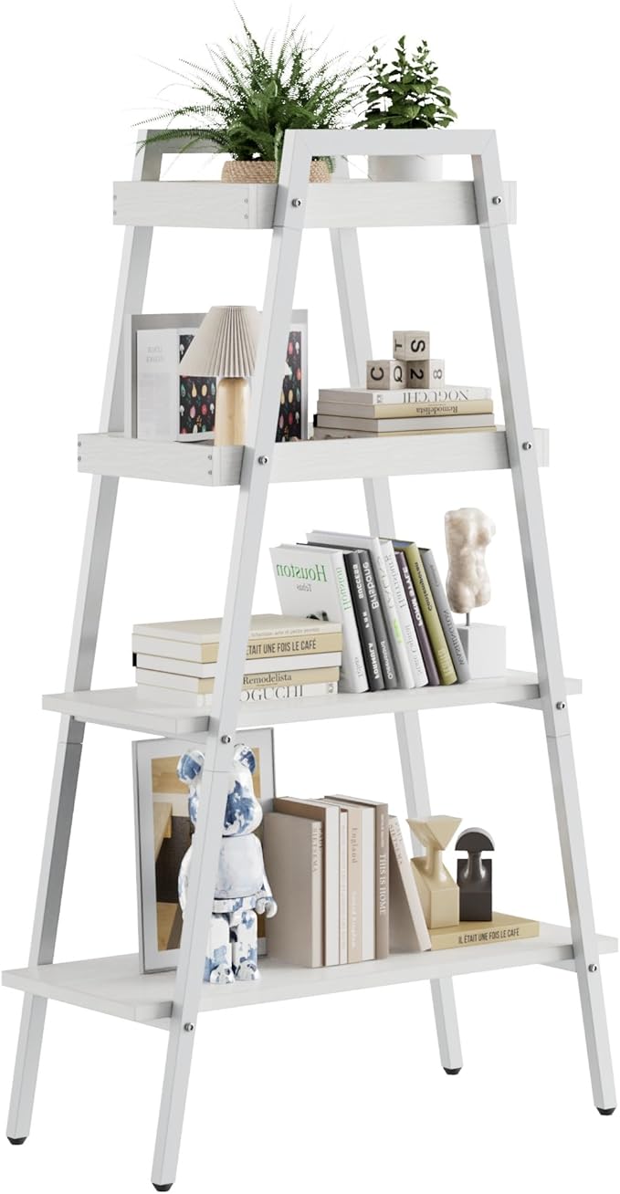 VECELO Ladder Shelf, 4-Tier Bookshelf with Enclosed Edges Design, Wooden Storage Rack Freestanding Bookcase for Living Room Home Office, White