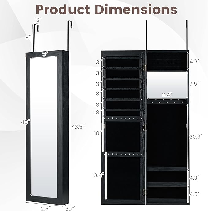 COSTWAY Full Length Mirror Jewelry Cabinet, Wall Door Mounted Jewelry Organizer with Makeup Mirror, Ring Slots & Necklace Hooks, Large Storage Jewelry Armoire for Bedroom, Dressing Room (Black)