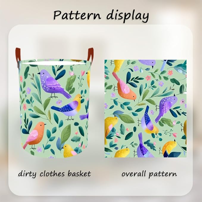 Laundry Baskets 15.7x19.7 Inch Large Colorful Birds Leaves Floral Design Collapsible Laundry Hamper with Handles Oxford Fabric Clothes Storage Bin Foldable Dirty Clothes for Bedroom Bathroom Dorm