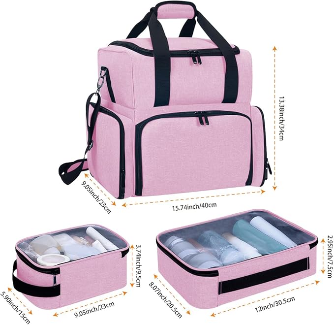 Large Makeup Cosmetic Bag with 3 Removable Case and 2 Removable Dividers Double Layer Travel Storage Organizer, Makeup Brushes Storage Section Pink
