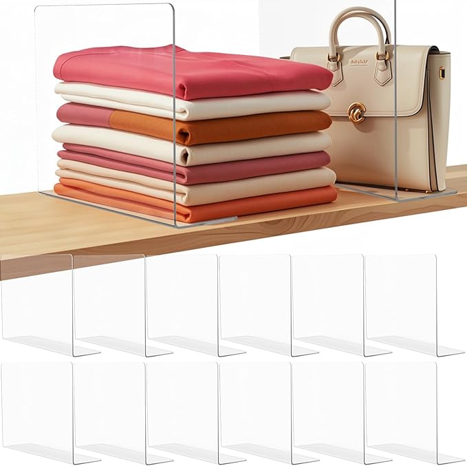 Shelf Dividers for Closet Organization: Acrylic Shelf Dividers for Clothes Sweater Purse - Clear Closet Organizers and Storage Separators for Shelves, 12Pack