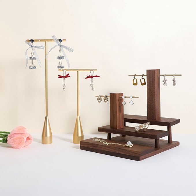 GemeShou 2pcs Gold earring display T bar stand, Big jewelry earring holders for Boutique Store, Jewelry holders high enough for long earring necklace【Gold-2pcs Height 7.9"and 11"-long horizontal bar】