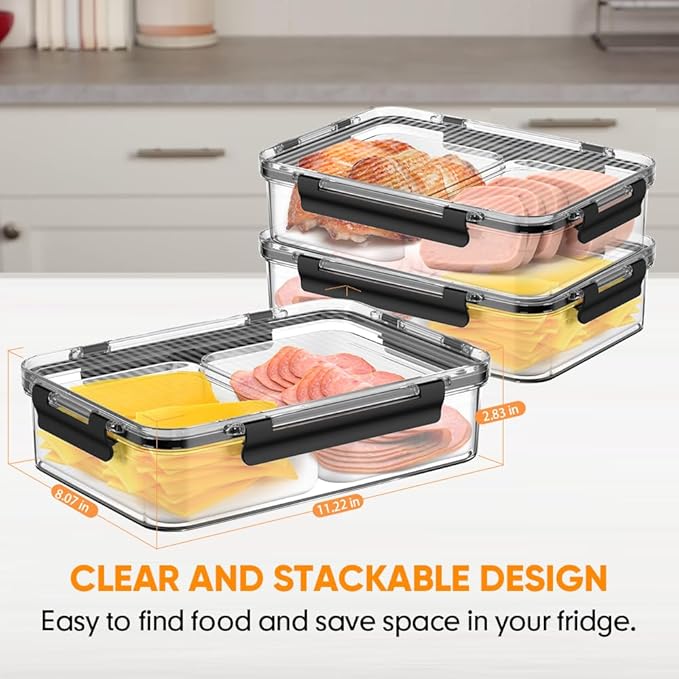 Deli Meat Container for Fridge Organizers and Storage, Ham and Cheese Container for Fridge, 11 Inches Long Lunch Meat Containers for Refrigerator, 2 Compartment Snack Containers with Clear Lid
