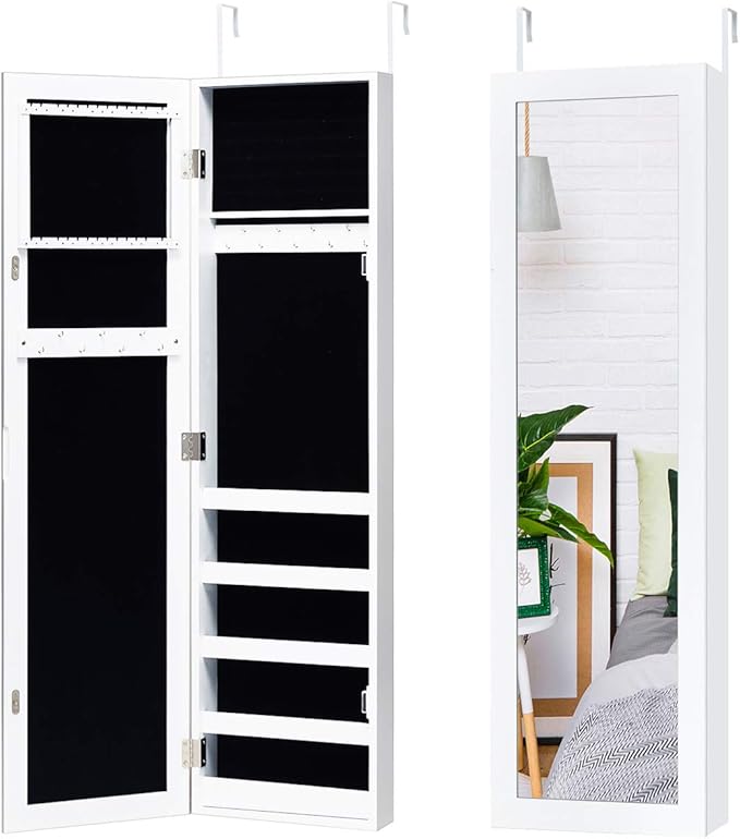 Giantex Jewelry Armoire with Full Length Mirror, Wall and Door Mounted Jewelry Cabinet Organizer with Magnetic Door, Large Storage for Earrings, Rings, Necklaces & Accessories, White