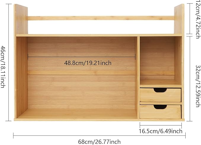Bamboo Desktop Bookshelf 2-Tier Short Bookshelf with 2 Drawers Desk Shelf for Top of Desk Organizer Shelves Table Top Shelf Desktop Shelves for Offices & Studies (Long Style-26.77" L)