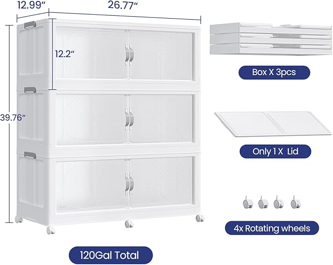 360QT Extra Large Stackable Storage Bins with Lid & Wheels & Doors, 90Gal Foldable Collapsible Closet Organizers, Plastic Cabinet Box Container Drawer for Home Kitchen Bedroom, 3Pack White