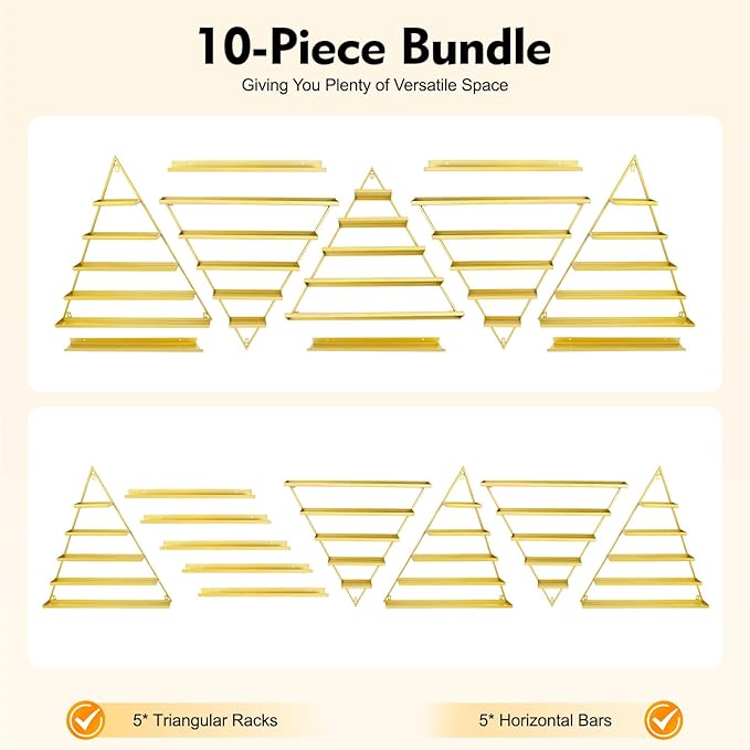 10PCS Gold Triangular Nail Polish Racks, 5 Tiers Wall-Mounted Nail Polish Racks Cosmetic Display Rack Essential Oil Organizers Lipstick Perfume Wall Shelf for Home Spa Nail Salon Shop